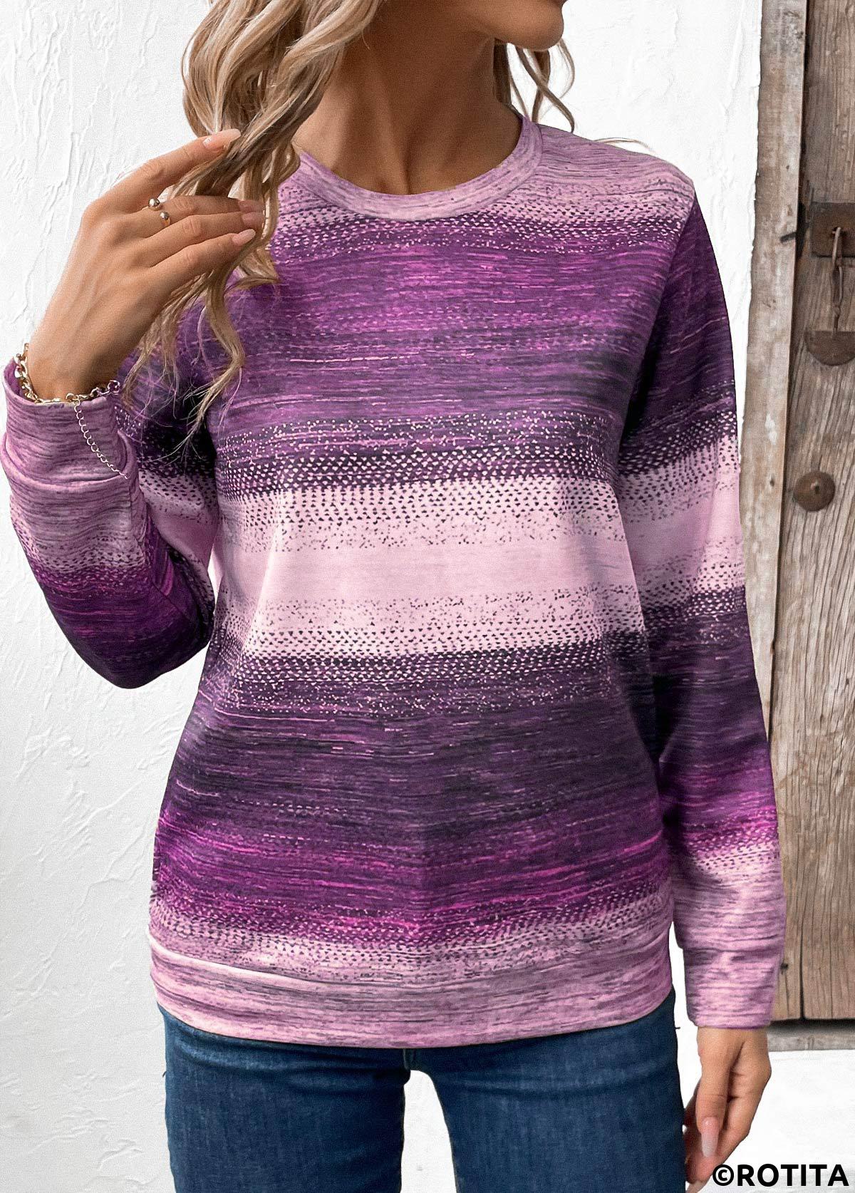 Purple tops,Tribal tops,ROTITA Patchwork Tribal Print Purple Round Neck Sweatshirt