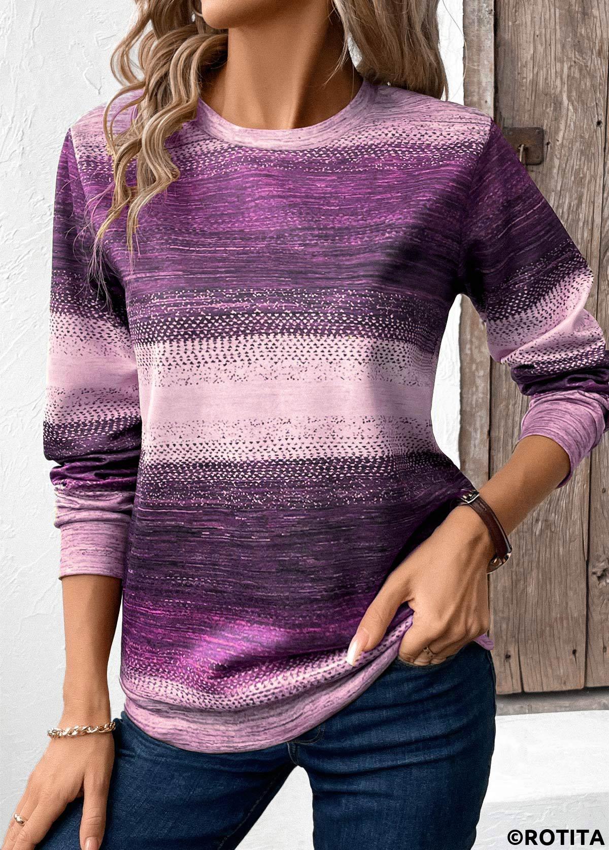 Purple tops,Tribal tops,ROTITA Patchwork Tribal Print Purple Round Neck Sweatshirt