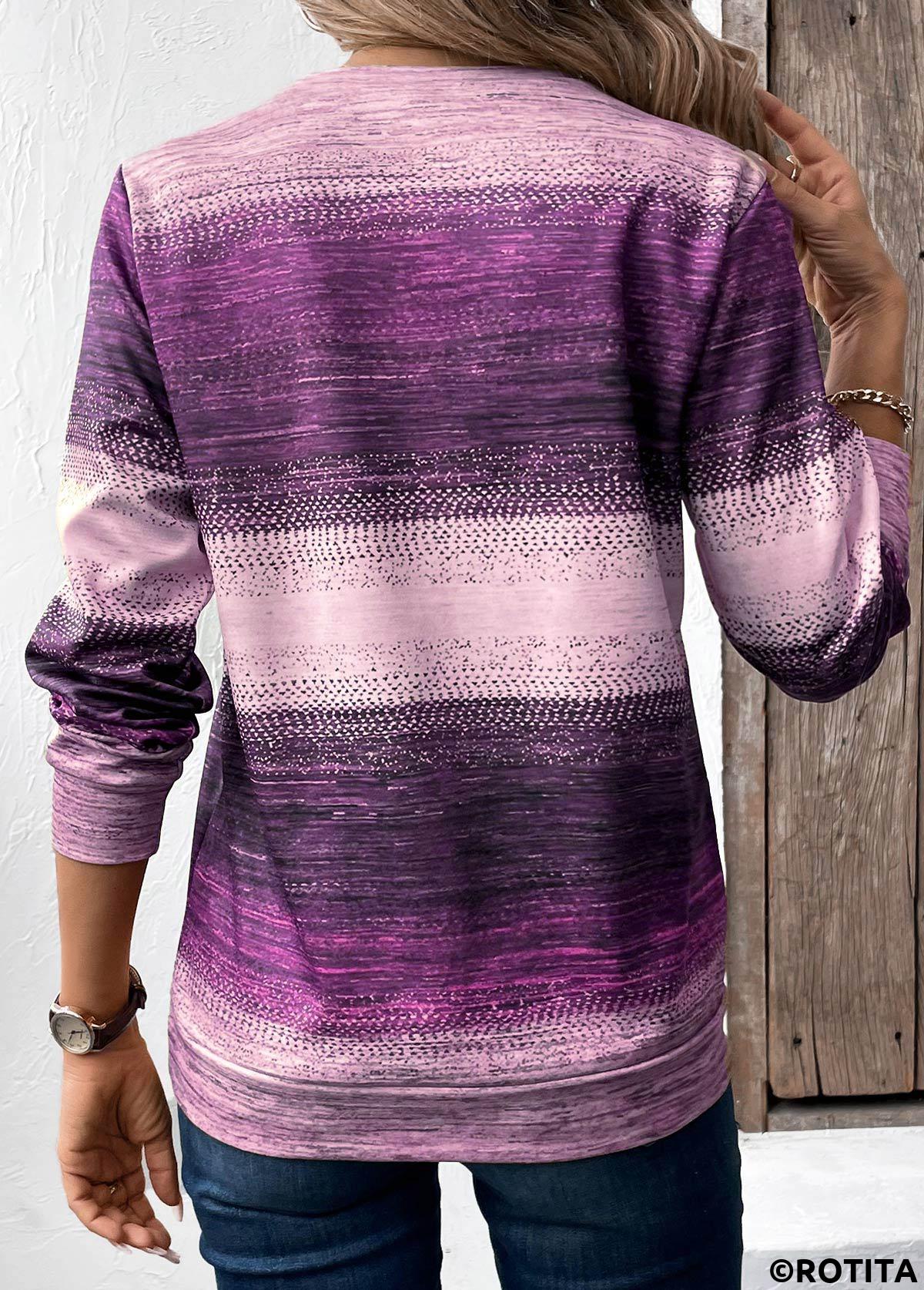 Purple tops,Tribal tops,ROTITA Patchwork Tribal Print Purple Round Neck Sweatshirt