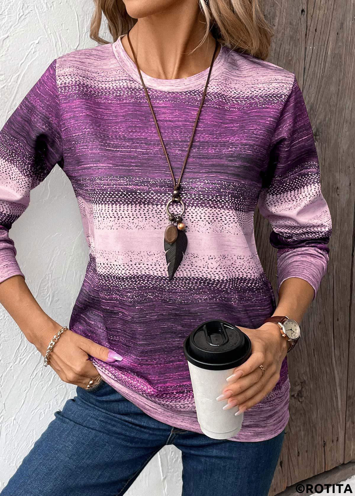 Purple tops,Tribal tops,ROTITA Patchwork Tribal Print Purple Round Neck Sweatshirt