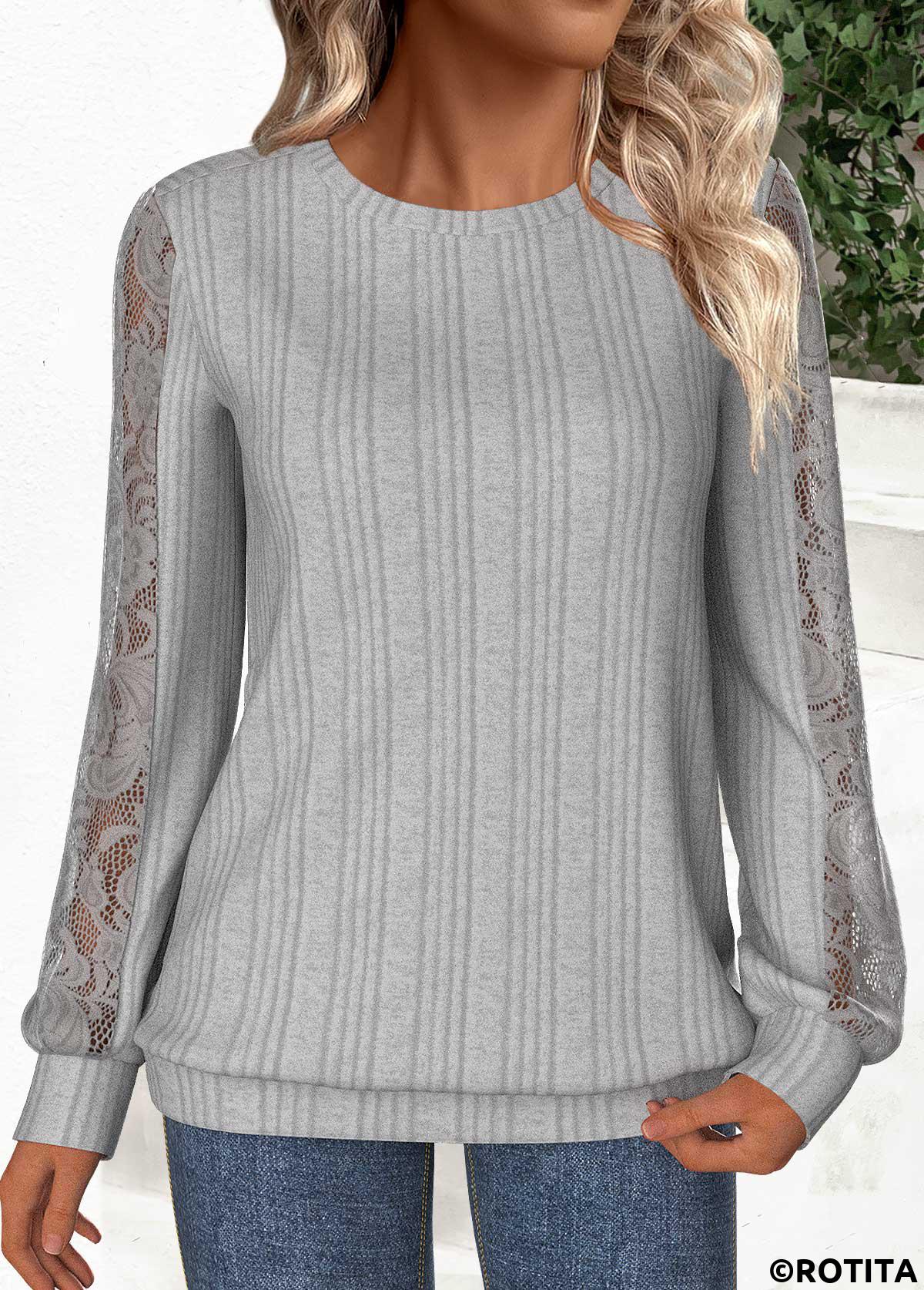 Grey tops,Plain Color tops,ROTITA Lace Grey Round Neck Long Sleeve Sweatshirt