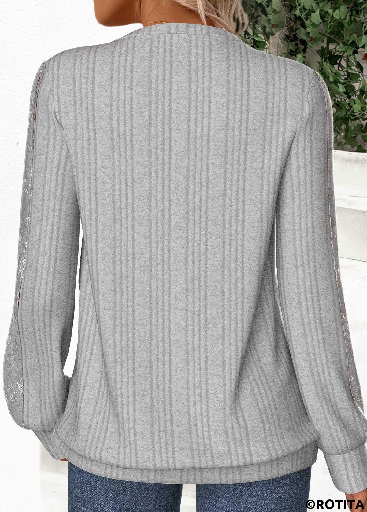 Grey tops,Plain Color tops,ROTITA Lace Grey Round Neck Long Sleeve Sweatshirt