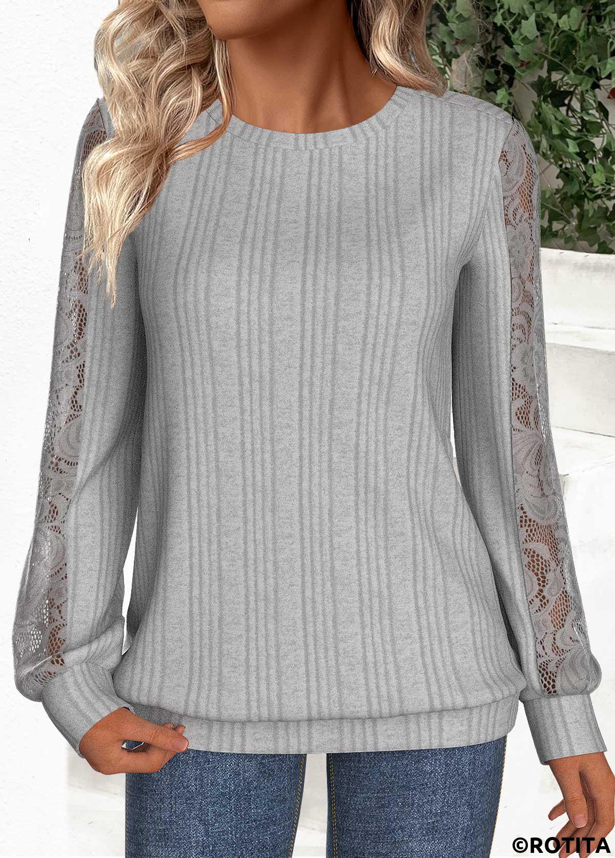 Grey tops,Plain Color tops,ROTITA Lace Grey Round Neck Long Sleeve Sweatshirt