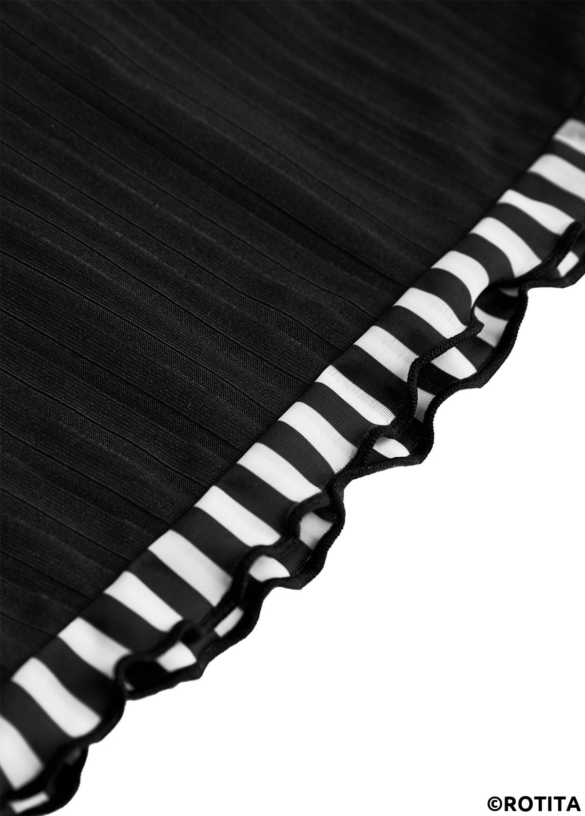 Black swimwear,Striped swimwear,Geometric swimwear,ROTITA Contrast Binding Black Striped Tankini Set