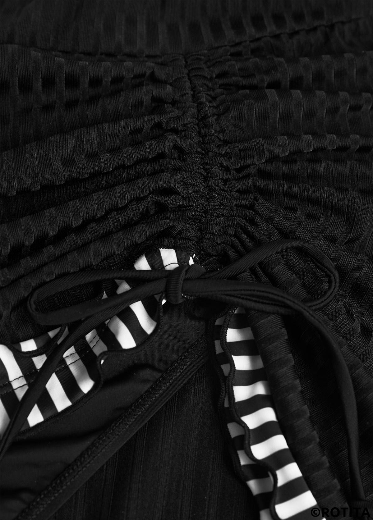 Black swimwear,Striped swimwear,Geometric swimwear,ROTITA Contrast Binding Black Striped Tankini Set