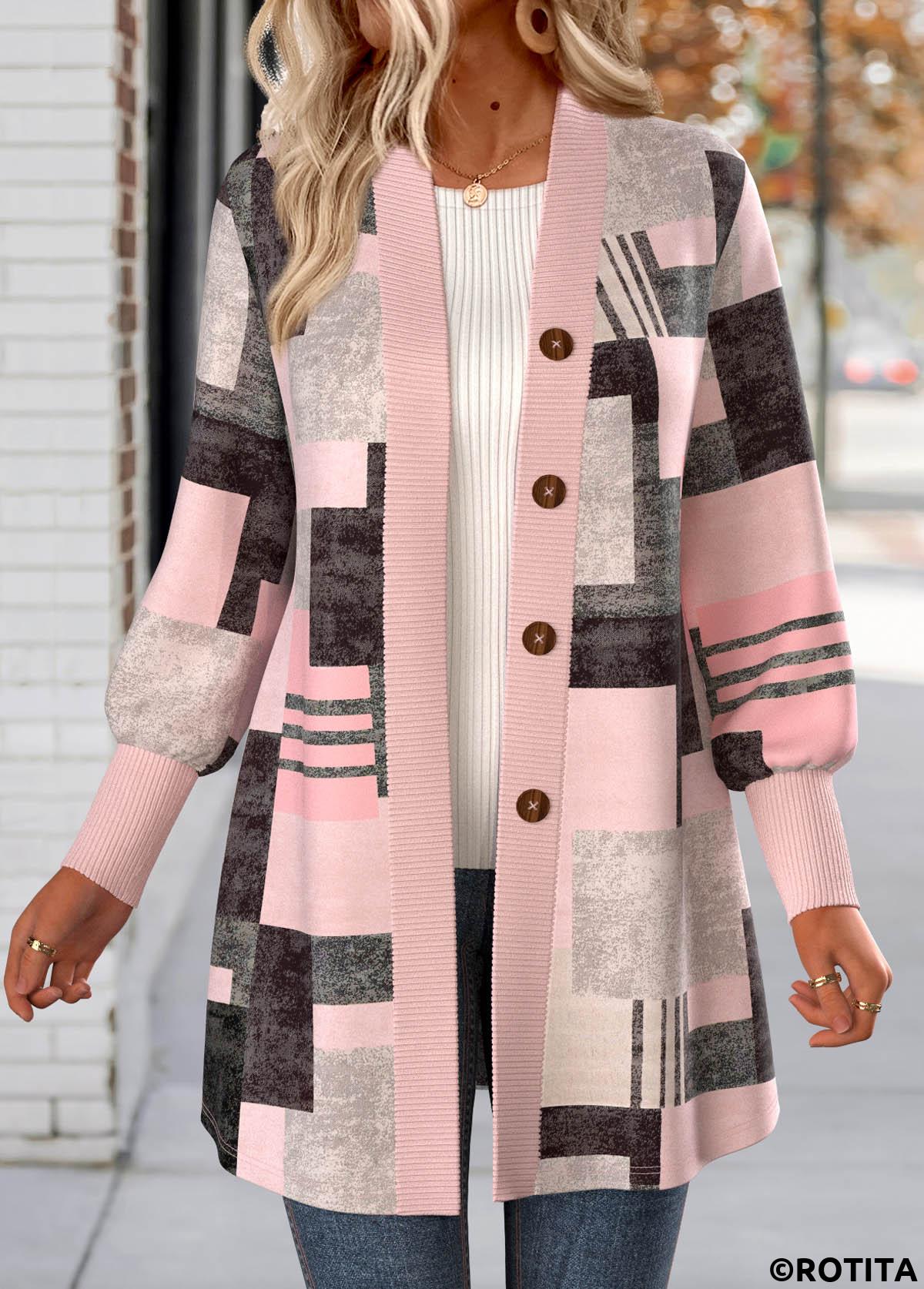 Light Pink tops,Geometric tops,ROTITA Button Geometric Print Light Pink Long Sleeve Coat