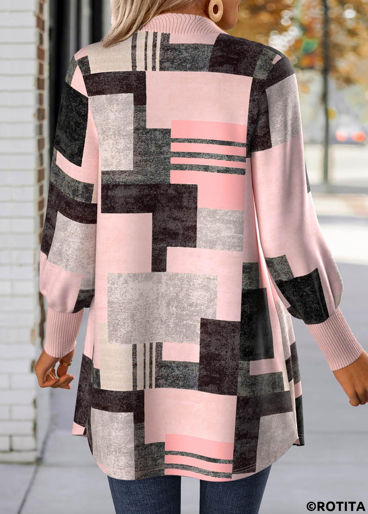Light Pink tops,Geometric tops,ROTITA Button Geometric Print Light Pink Long Sleeve Coat