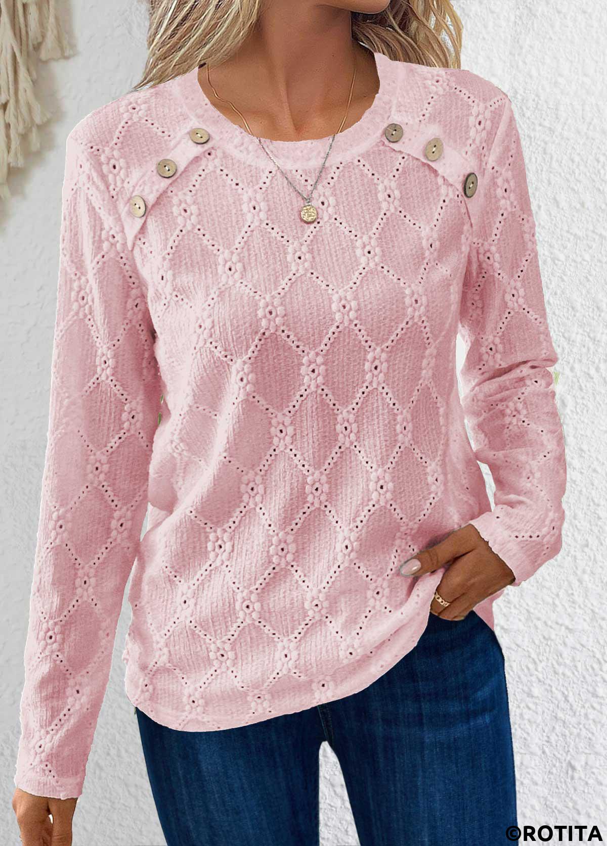 Pink tops,Plain Color tops,ROTITA Button Pink Round Neck Long Sleeve T Shirt