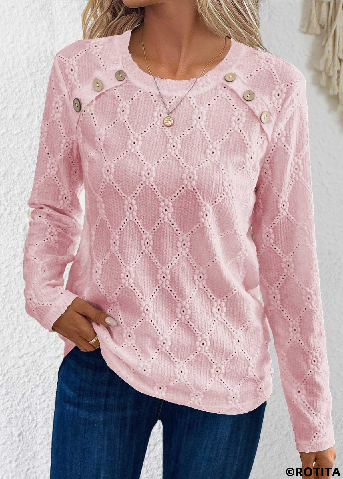 Pink tops,Plain Color tops,ROTITA Button Pink Round Neck Long Sleeve T Shirt
