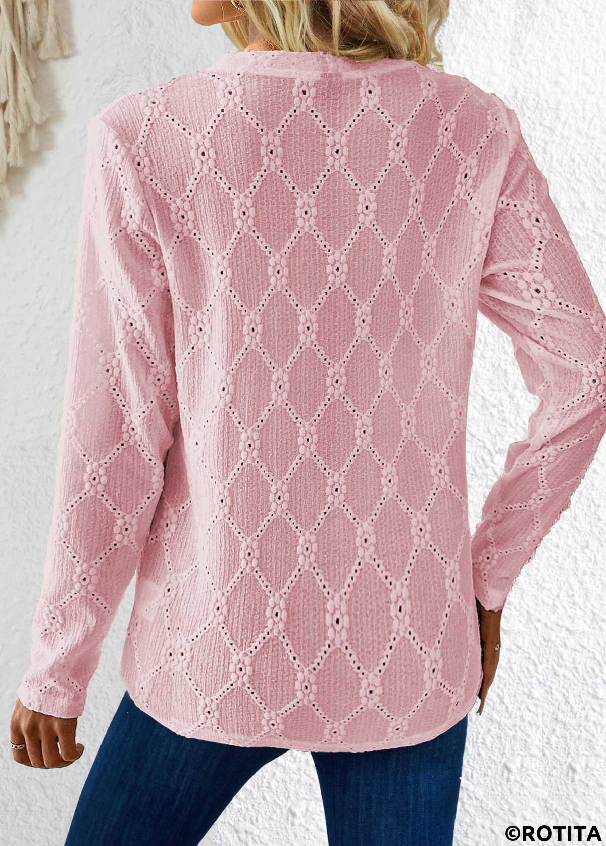 Pink tops,Plain Color tops,ROTITA Button Pink Round Neck Long Sleeve T Shirt