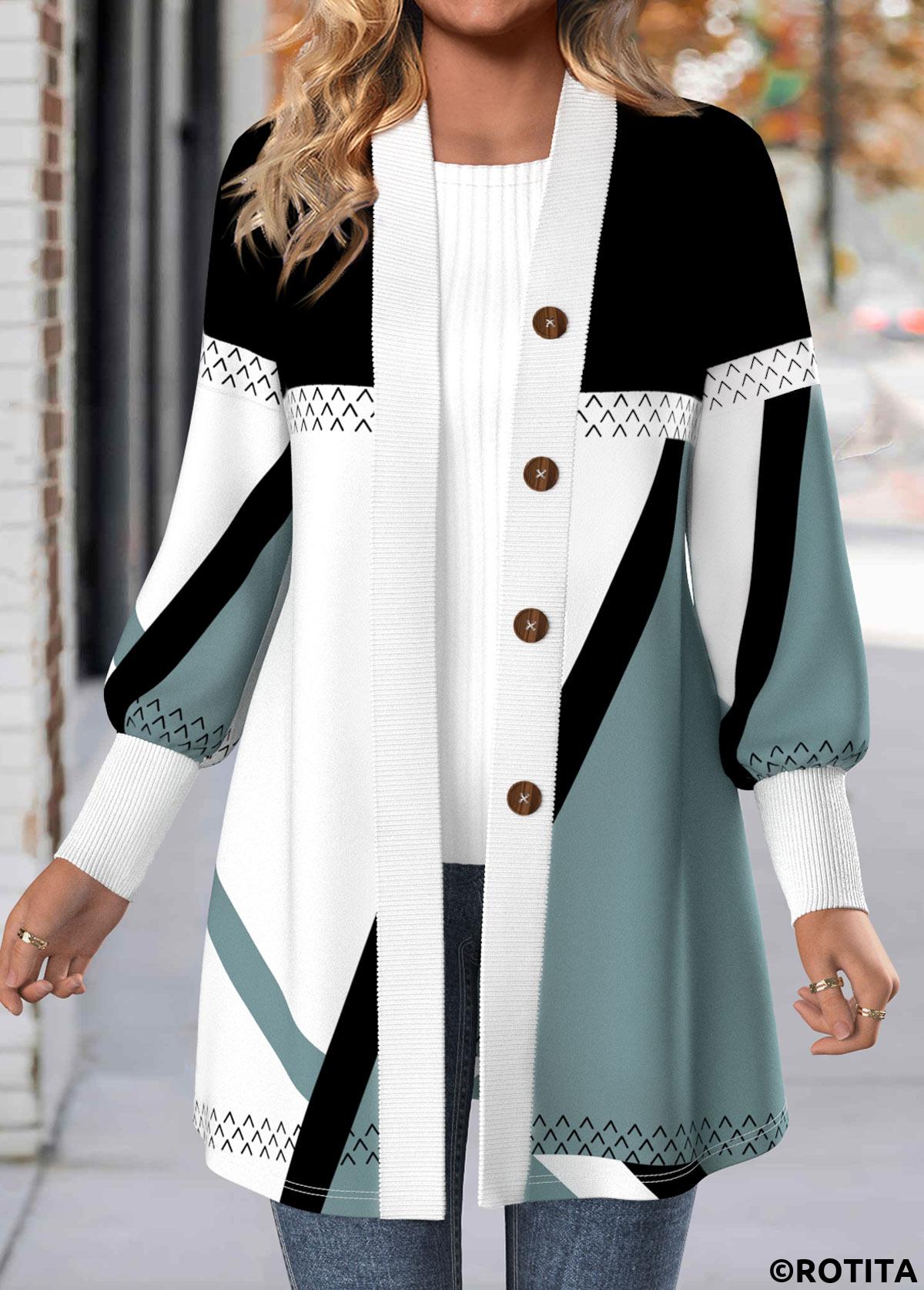 Multi Color plus size,Geometric plus size,ROTITA Plus Size Button Multi Color Geometric Print Coat