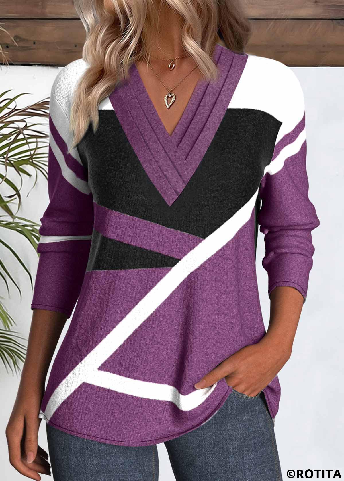 Purple tops,Geometric tops,ROTITA Button Geometric Print Purple V Neck T Shirt