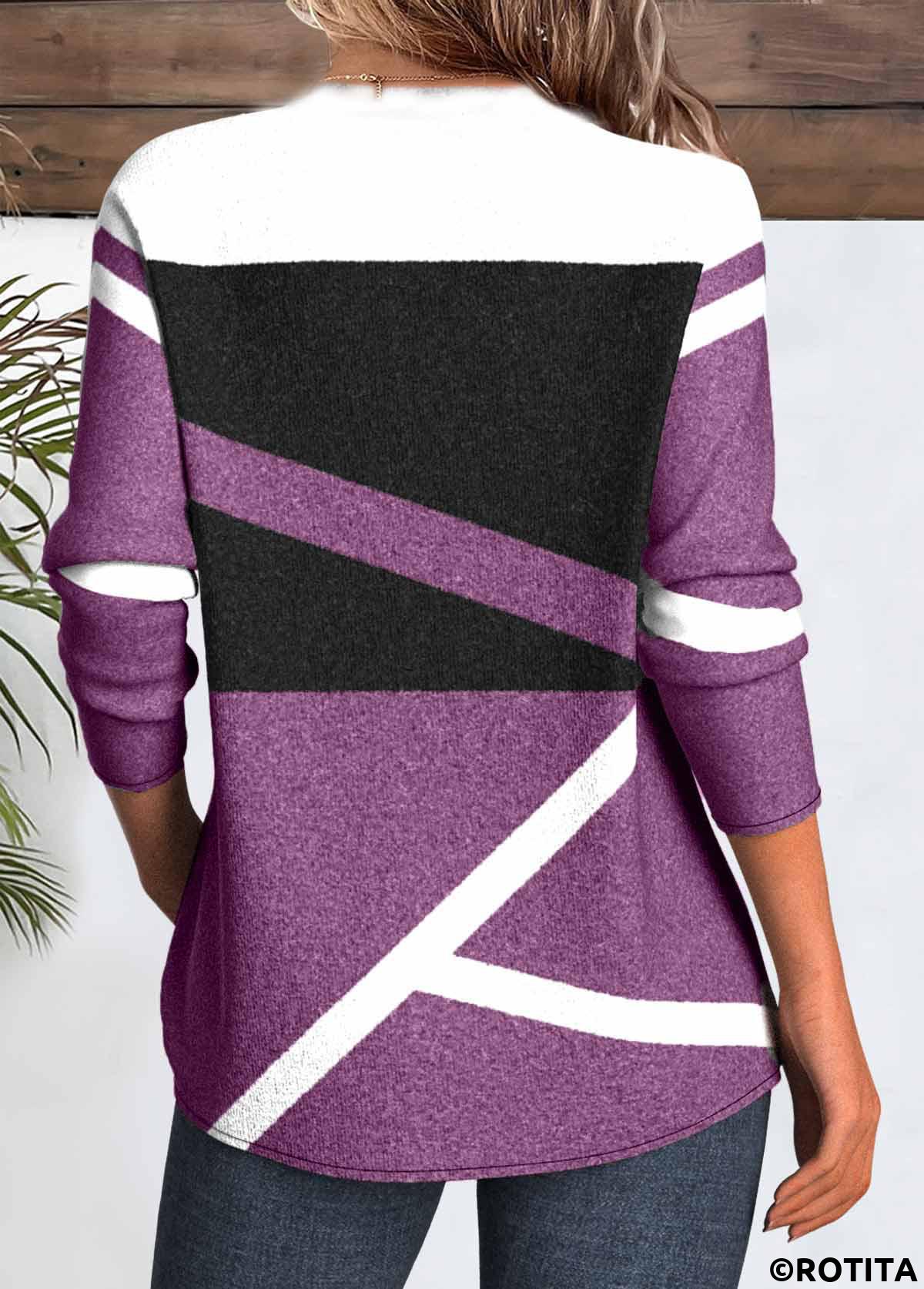 Purple tops,Geometric tops,ROTITA Button Geometric Print Purple V Neck T Shirt
