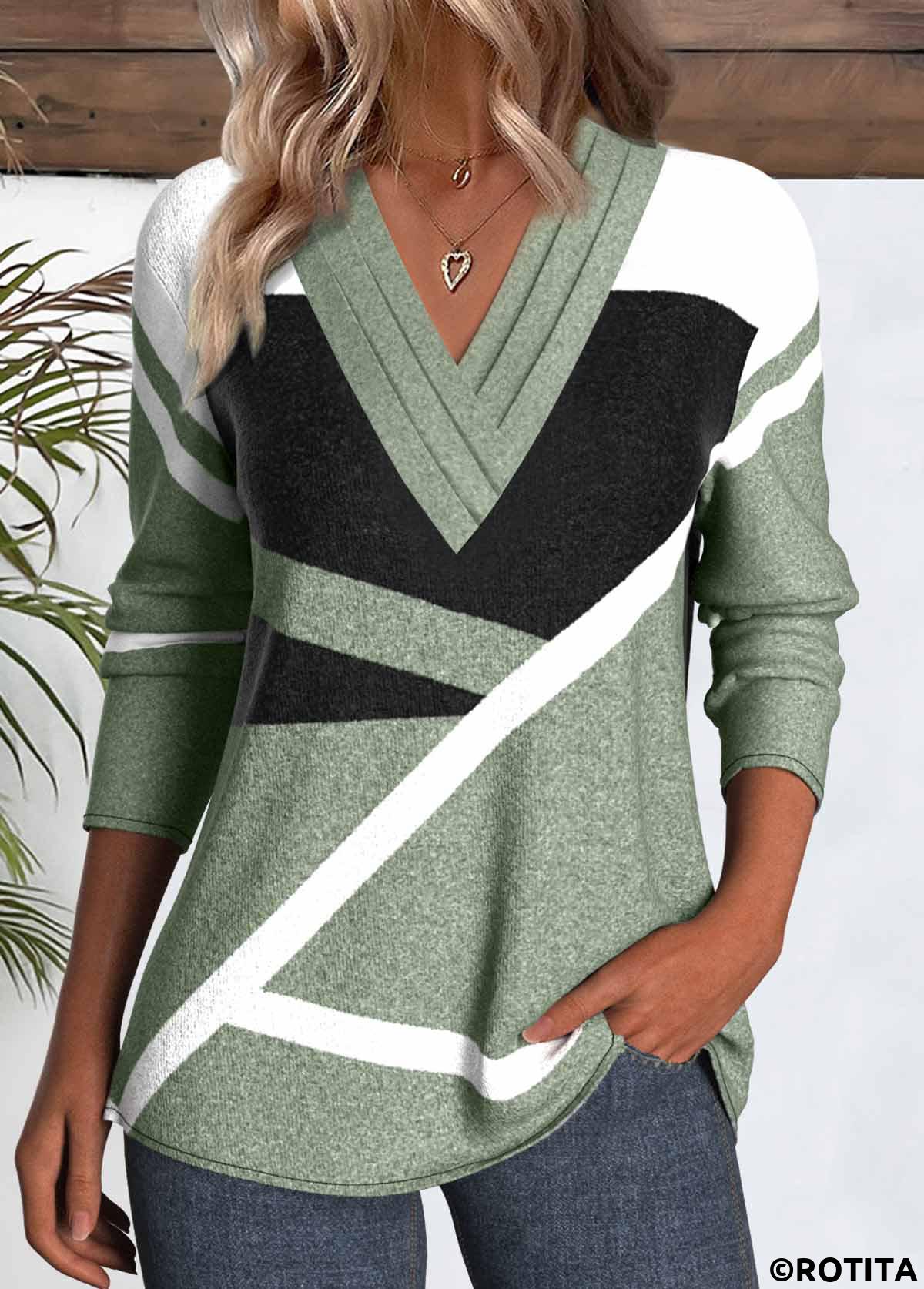 Sage Green tops,Geometric tops,ROTITA Patchwork Geometric Print Sage Green V Neck T Shirt