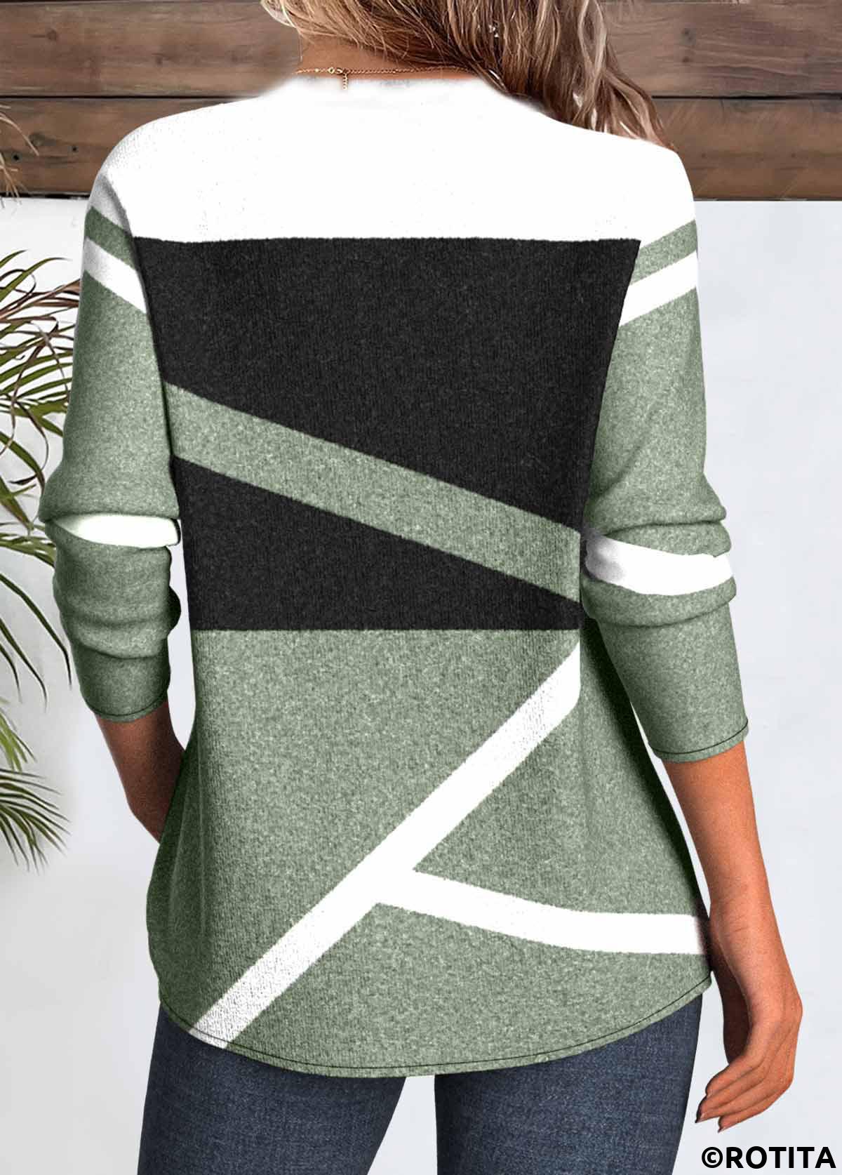 Sage Green tops,Geometric tops,ROTITA Patchwork Geometric Print Sage Green V Neck T Shirt