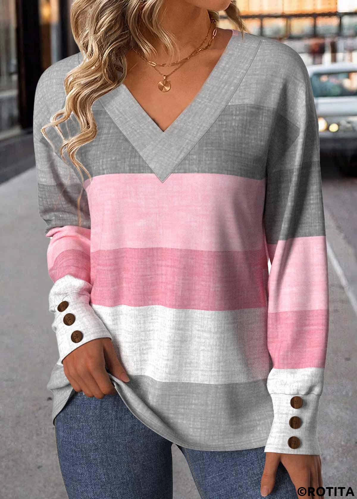 ROTITA Button Geometric Print Multi Color V Neck T Shirt