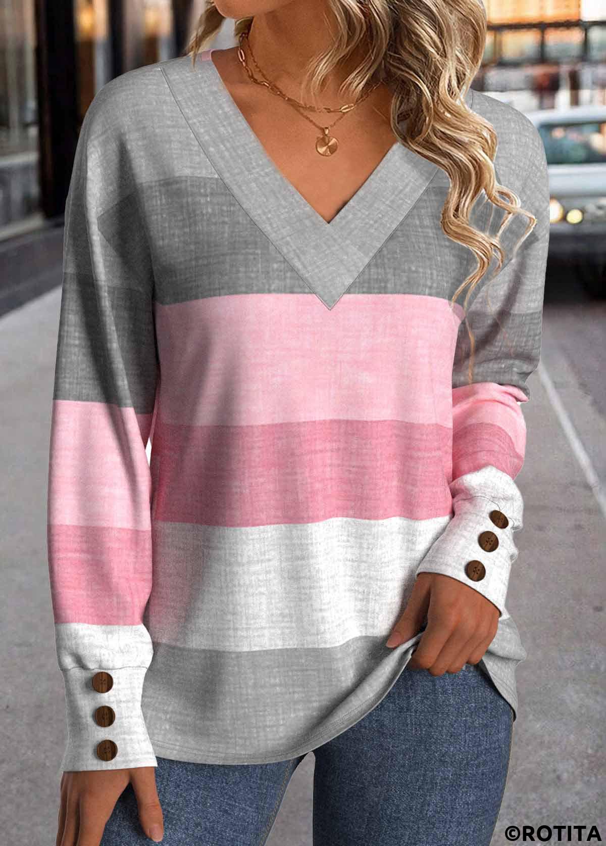 ROTITA Button Geometric Print Multi Color V Neck T Shirt