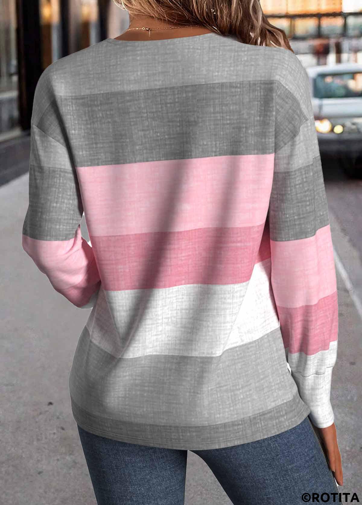 ROTITA Button Geometric Print Multi Color V Neck T Shirt