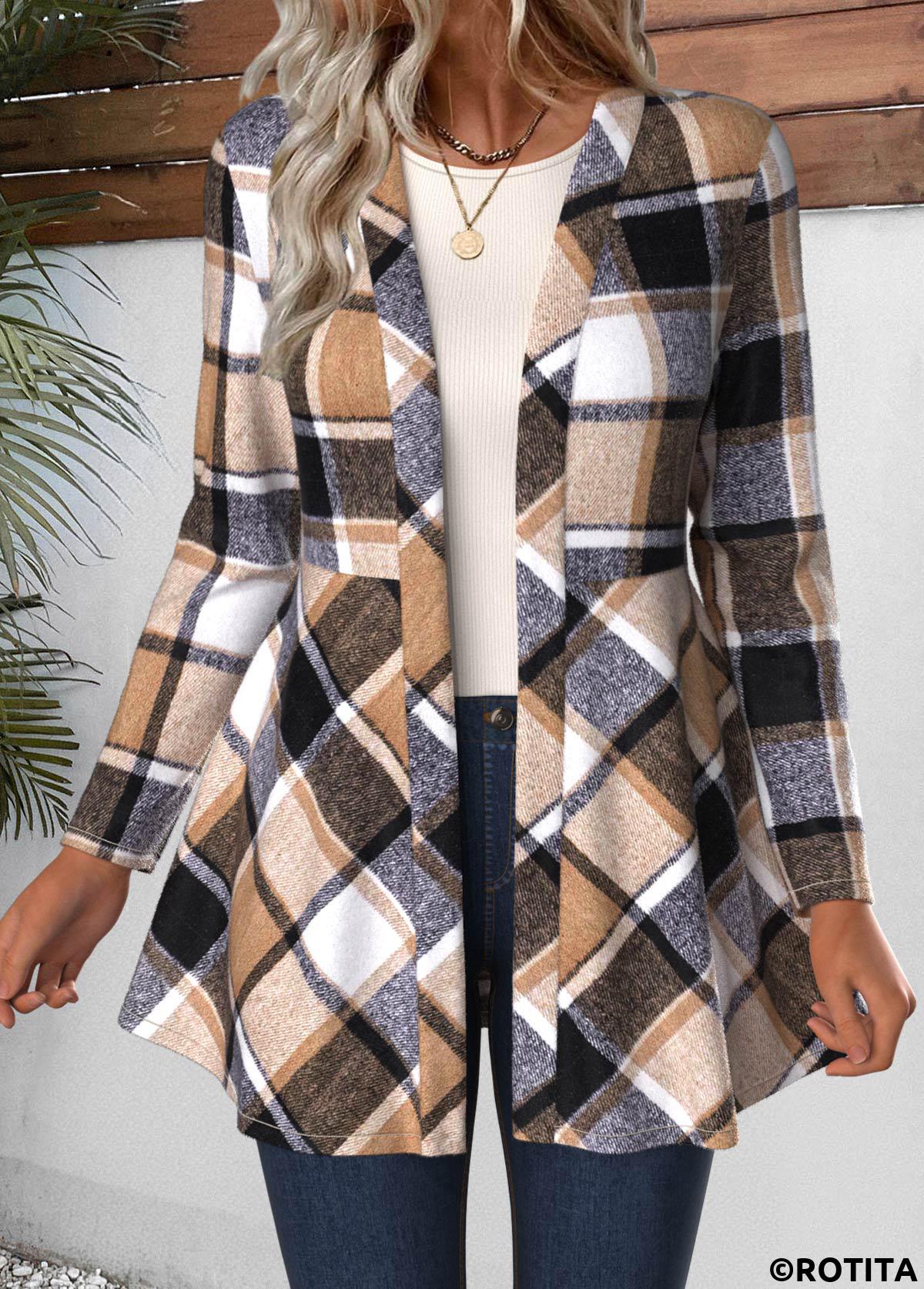 Light Coffee tops,Plaid tops,Geometric tops,ROTITA Plaid Light Coffee Long Sleeve Coat