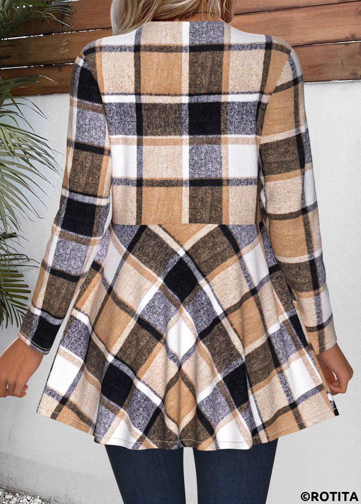 Light Coffee tops,Plaid tops,Geometric tops,ROTITA Plaid Light Coffee Long Sleeve Coat