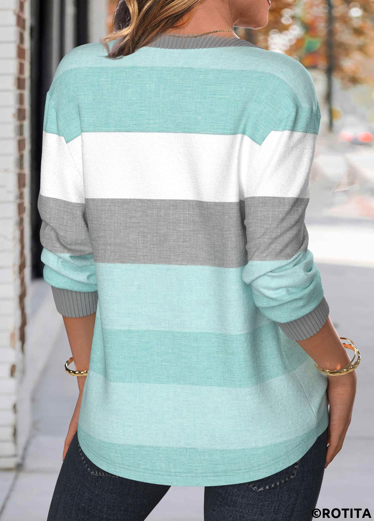 Mint Green tops,Striped tops,Geometric tops,ROTITA Patchwork Striped Mint Green Split Neck Long Sleeve Sweatshirt