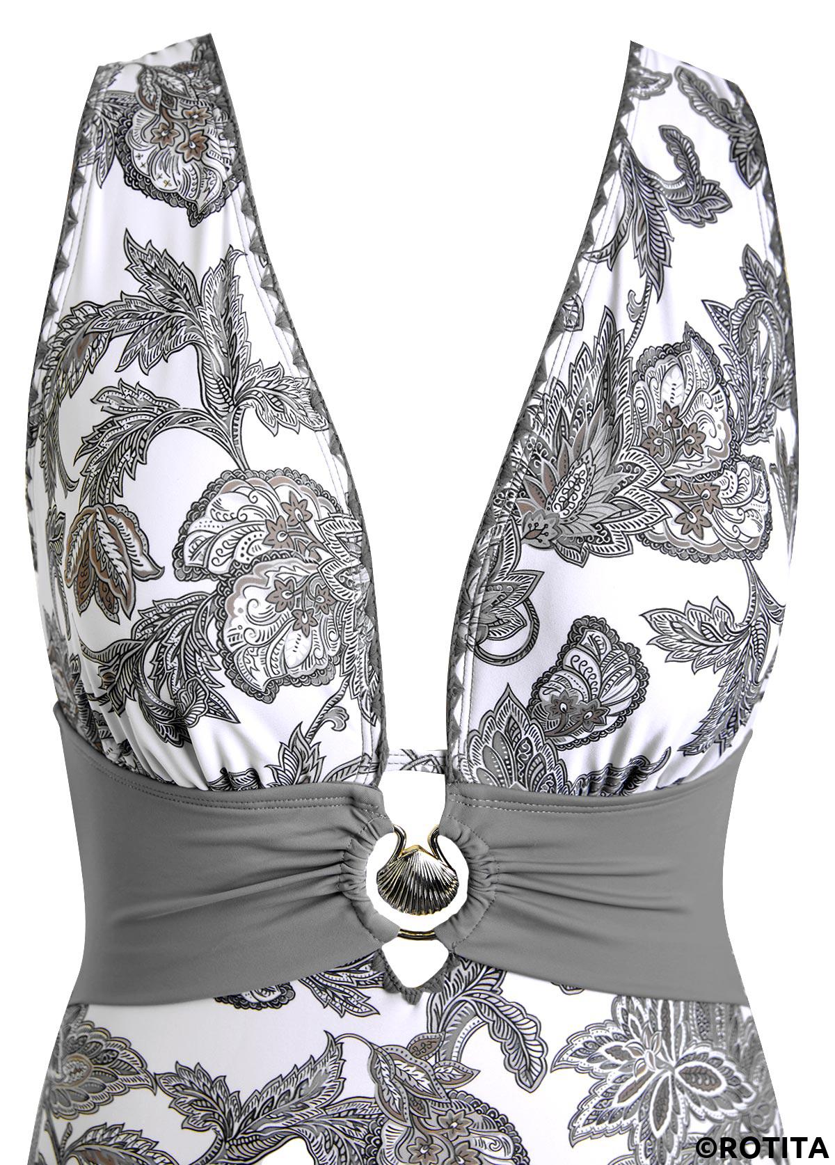 Light Grey swimwear,Tribal swimwear,ROTITA Patchwork Light Grey Tribal Print One Piece Swimwear