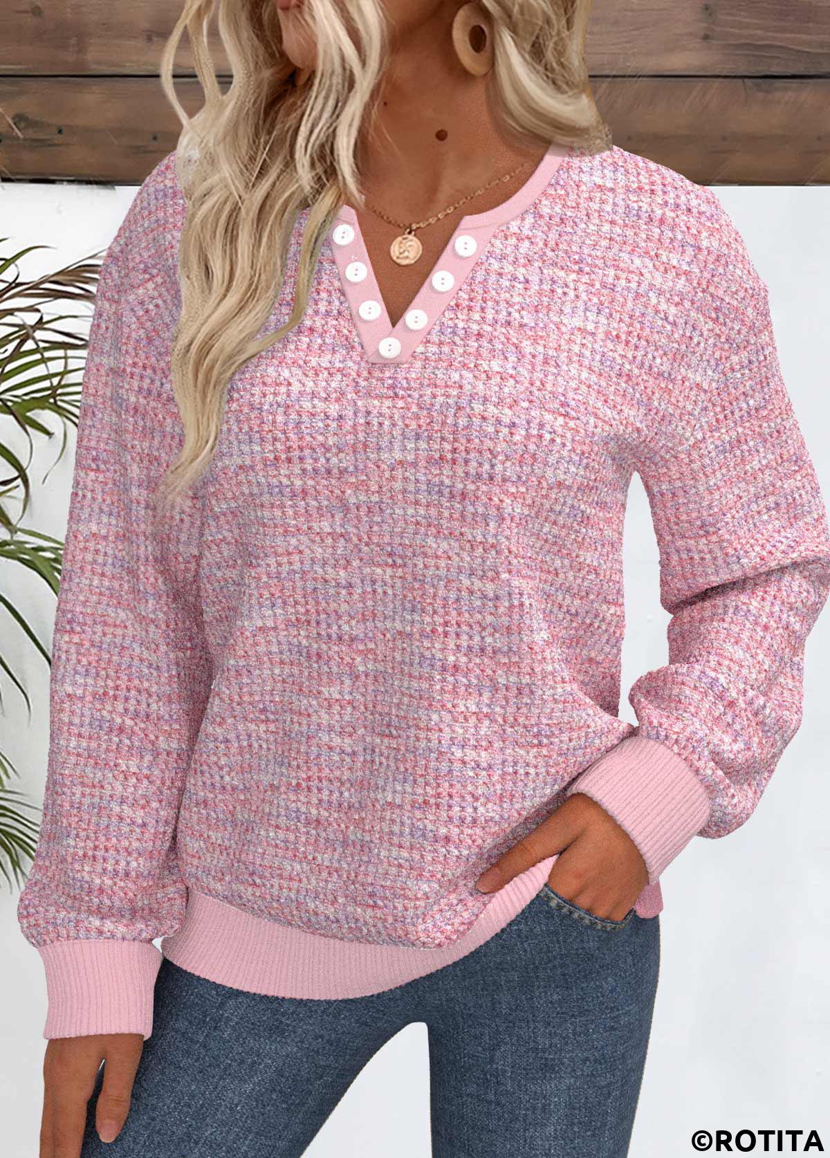 Light Pink tops,Dazzle Colorful tops,ROTITA Button Dazzle Colorful Print Light Pink Split Neck Sweatshirt