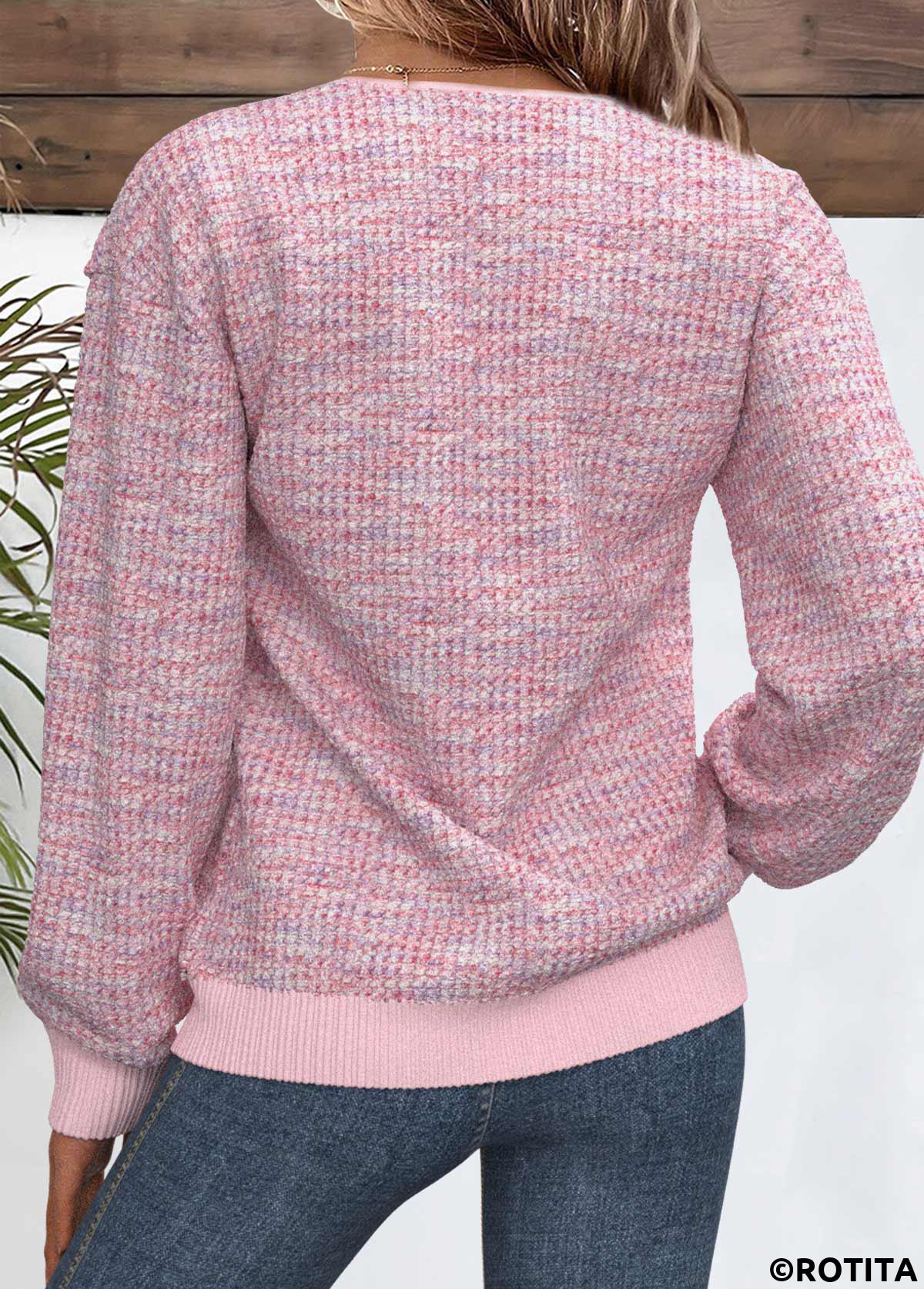 Light Pink tops,Dazzle Colorful tops,ROTITA Button Dazzle Colorful Print Light Pink Split Neck Sweatshirt