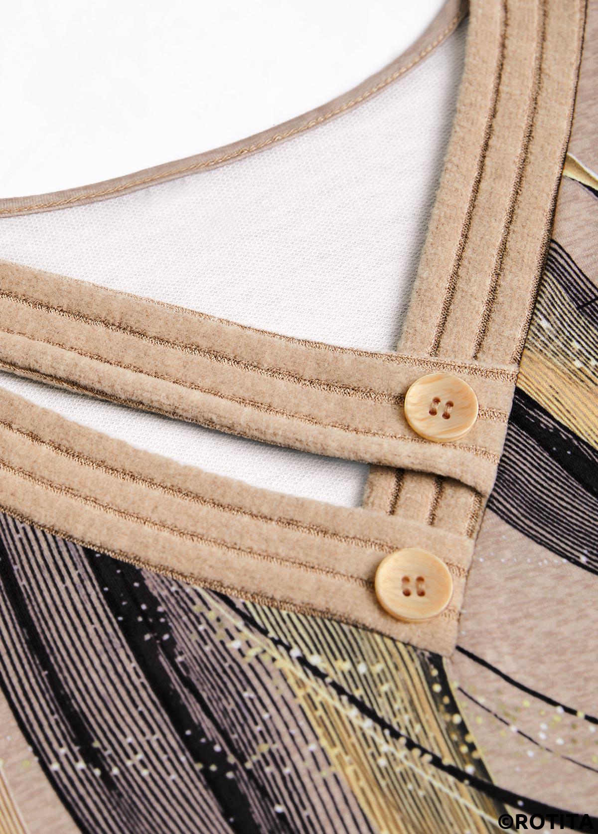 Light Camel tops,Geometric tops,ROTITA Button Geometric Print Light Camel V Neck T Shirt