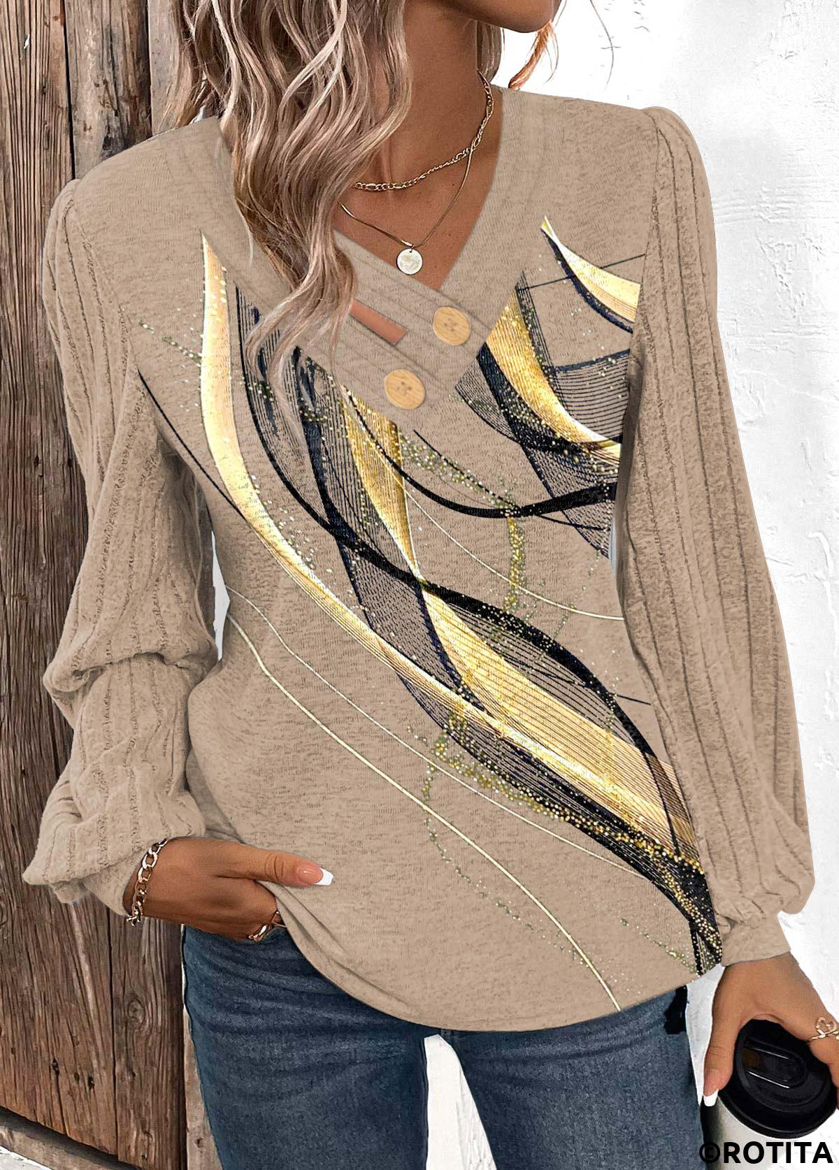 Light Camel tops,Geometric tops,ROTITA Button Geometric Print Light Camel V Neck T Shirt