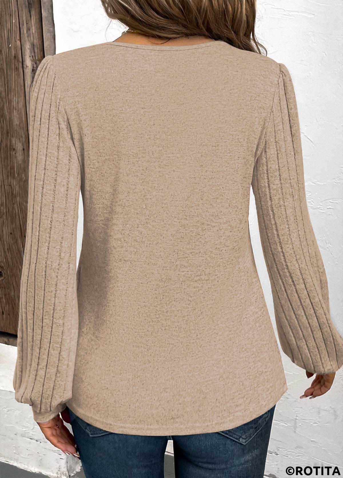 Light Camel tops,Geometric tops,ROTITA Button Geometric Print Light Camel V Neck T Shirt