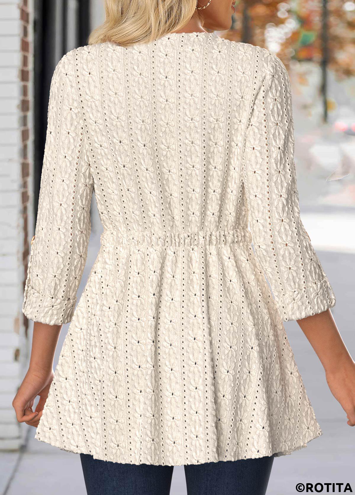 Beige tops,Plain Color tops,ROTITA Lace Beige Round Neck 3/4 Sleeve Coat