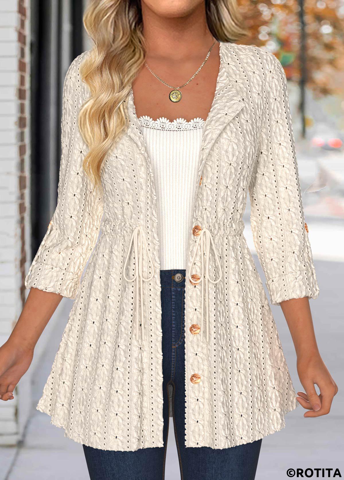 Beige tops,Plain Color tops,ROTITA Lace Beige Round Neck 3/4 Sleeve Coat