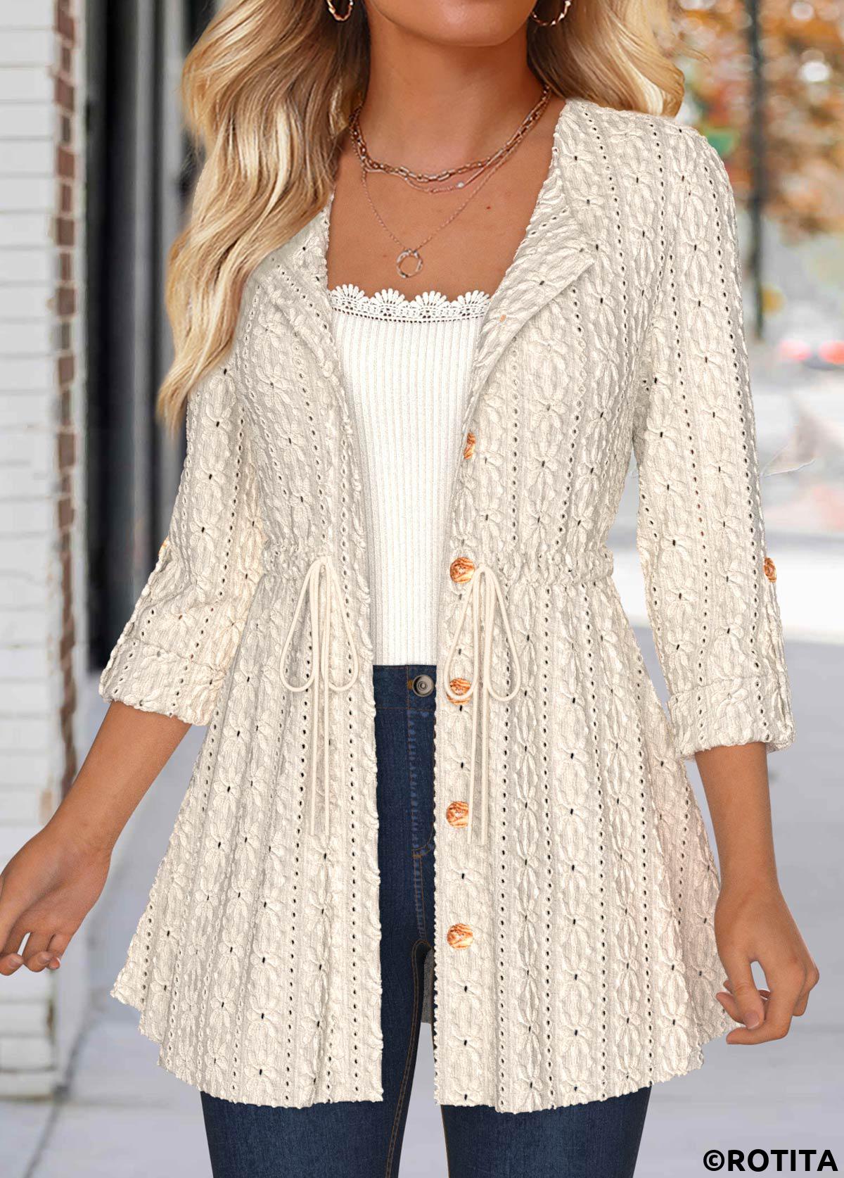 Beige tops,Plain Color tops,ROTITA Lace Beige Round Neck 3/4 Sleeve Coat