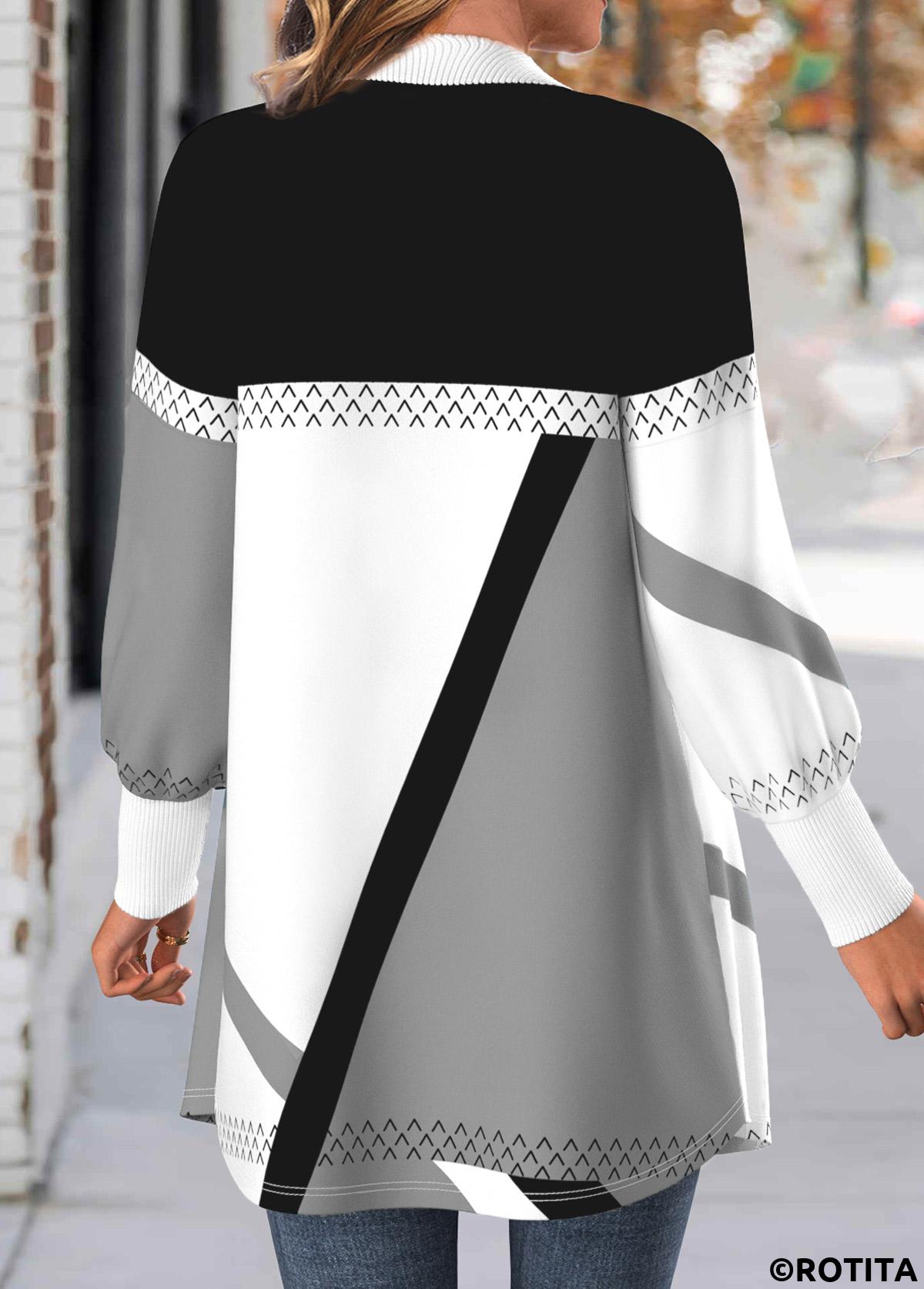 Light Grey tops,Geometric tops,ROTITA Button Geometric Print Light Grey Long Sleeve Coat