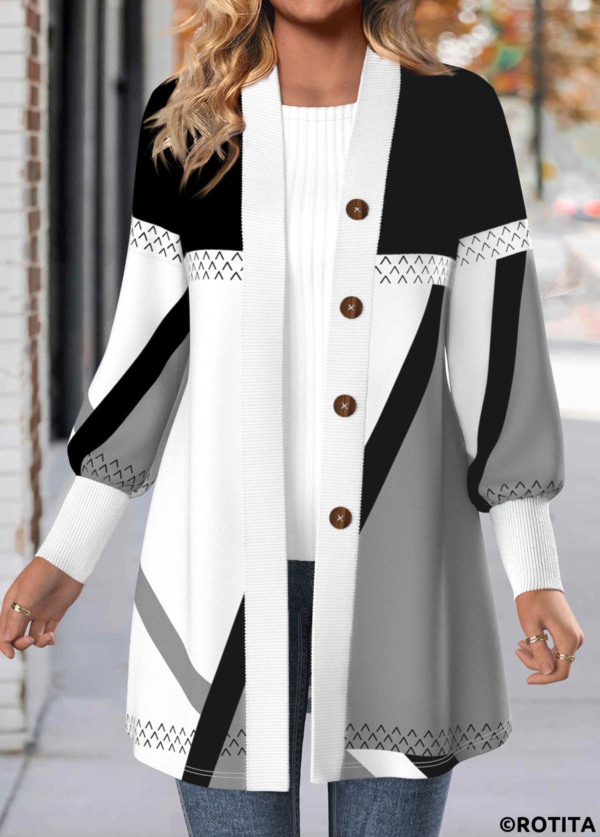 Light Grey tops,Geometric tops,ROTITA Button Geometric Print Light Grey Long Sleeve Coat