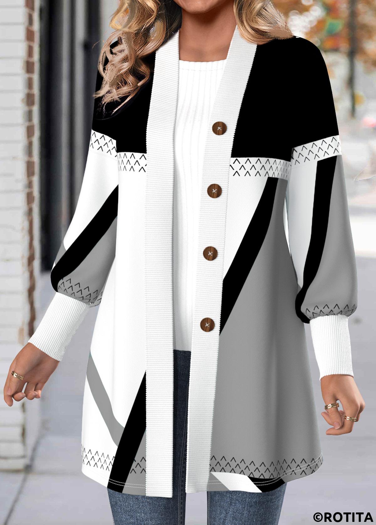 Light Grey tops,Geometric tops,ROTITA Button Geometric Print Light Grey Long Sleeve Coat