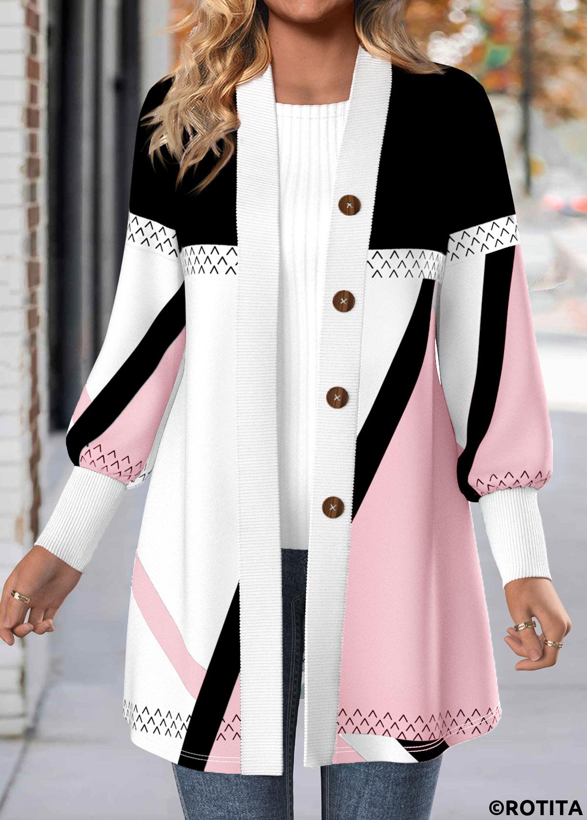 Light Pink tops,Geometric tops,ROTITA Button Geometric Print Light Pink Long Sleeve Coat