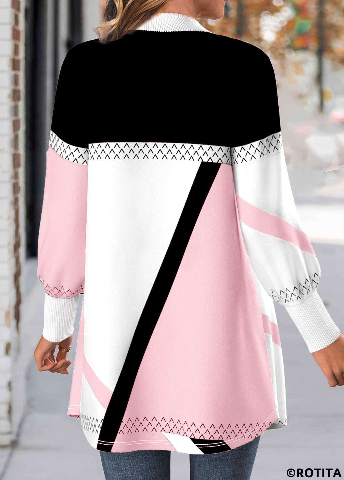 Light Pink tops,Geometric tops,ROTITA Button Geometric Print Light Pink Long Sleeve Coat