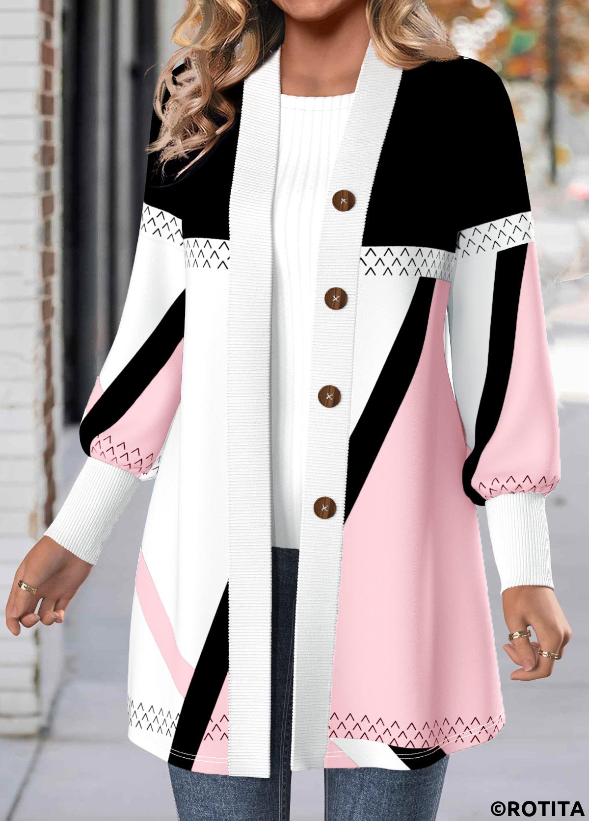 Light Pink tops,Geometric tops,ROTITA Button Geometric Print Light Pink Long Sleeve Coat