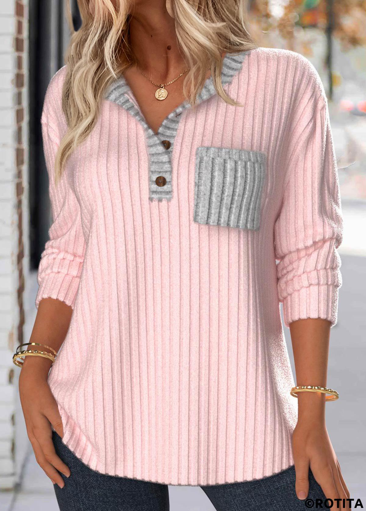 Light Pink tops,Contrast Color tops,ROTITA Button Light Pink Split Neck Long Sleeve Sweatshirt