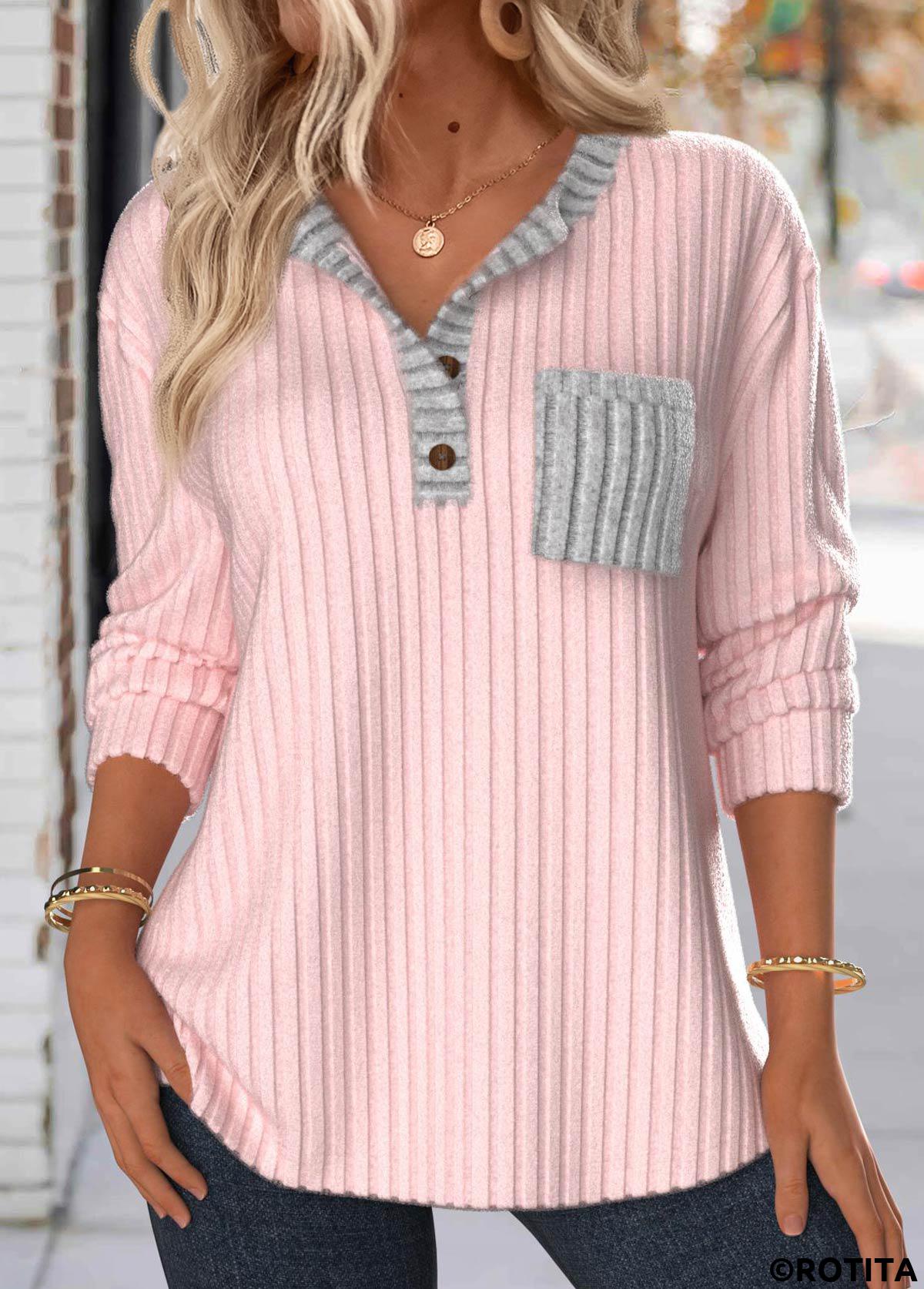 Light Pink tops,Contrast Color tops,ROTITA Button Light Pink Split Neck Long Sleeve Sweatshirt