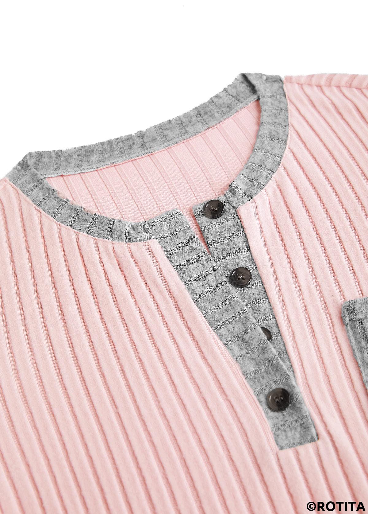 Light Pink tops,Contrast Color tops,ROTITA Button Light Pink Split Neck Long Sleeve Sweatshirt