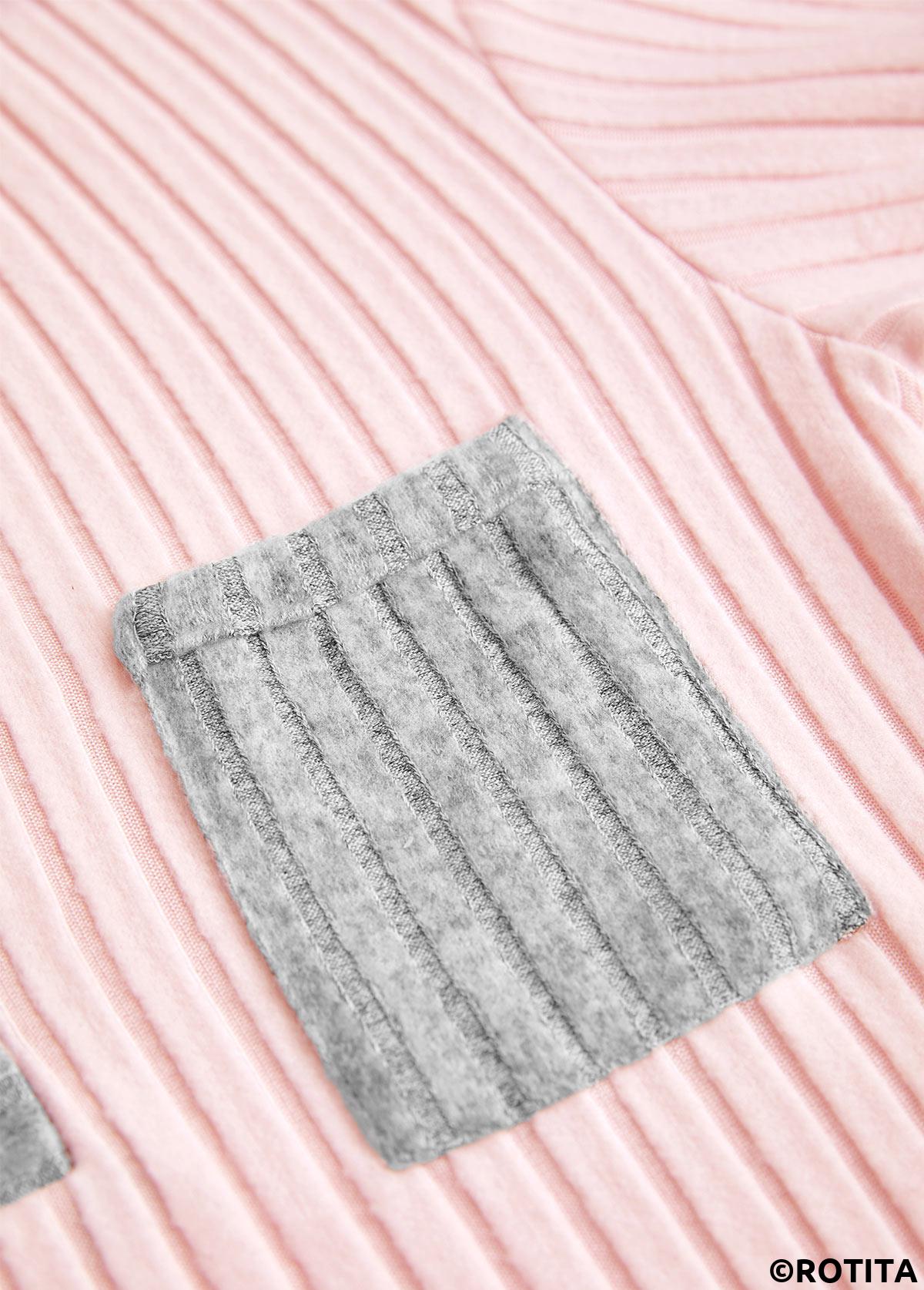 Light Pink tops,Contrast Color tops,ROTITA Button Light Pink Split Neck Long Sleeve Sweatshirt