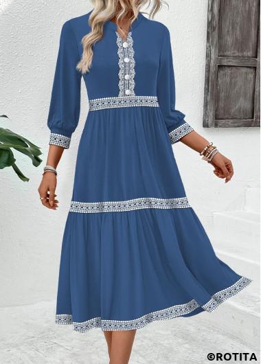 ROTITA Embroidery Navy Turn Down Collar Long Sleeve Dress Rotita USD 42.98