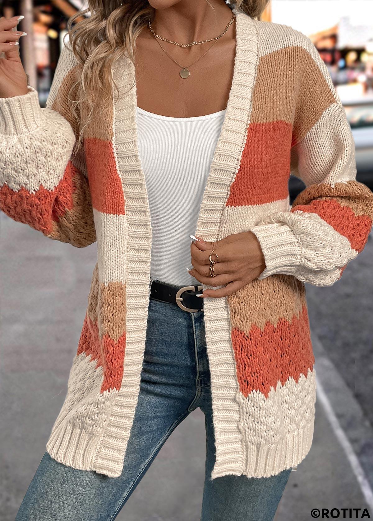 orangefarbene Strickjacke mit langen Ärmeln im Patchwork-Design