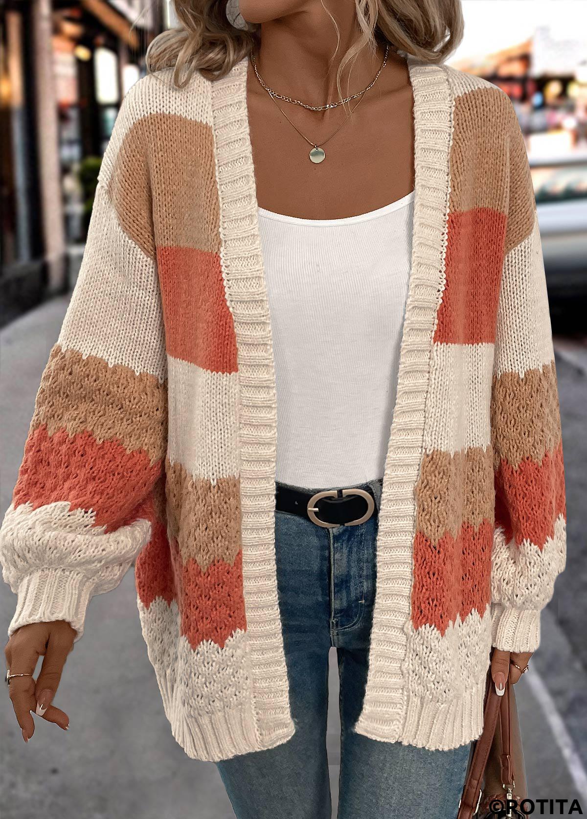orangefarbene Strickjacke mit langen Ärmeln im Patchwork-Design