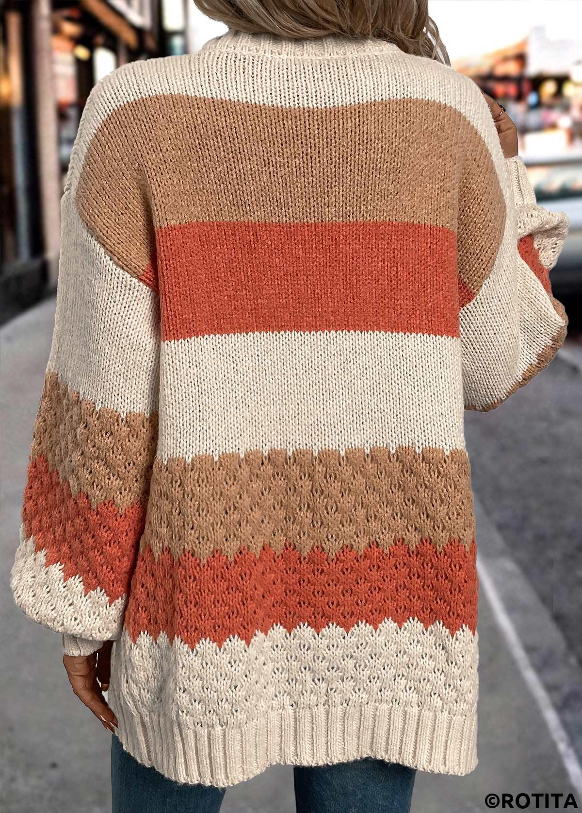orangefarbene Strickjacke mit langen Ärmeln im Patchwork-Design