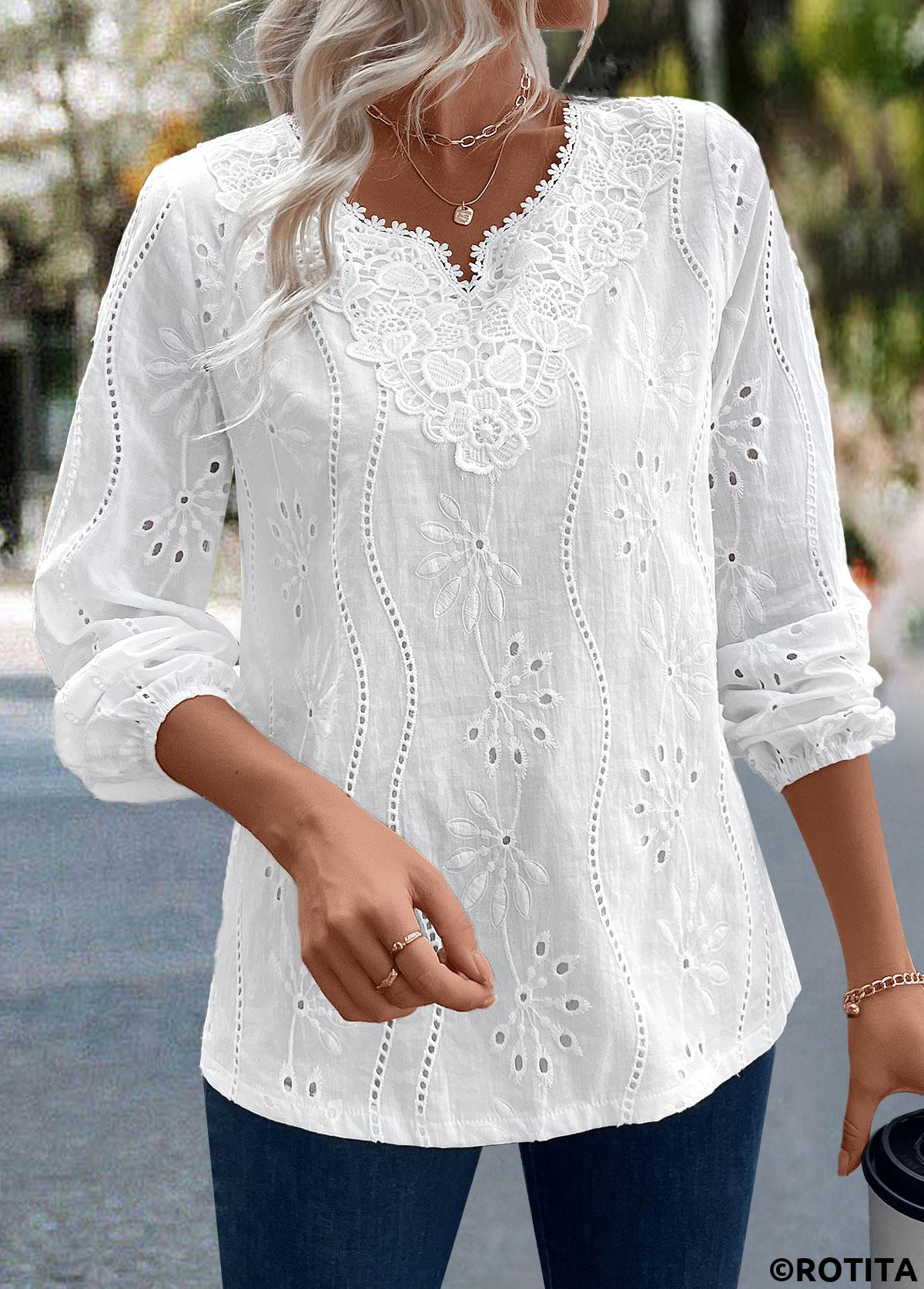 White tops,Plain Color tops,ROTITA Split Detail White Long Sleeve Blouse