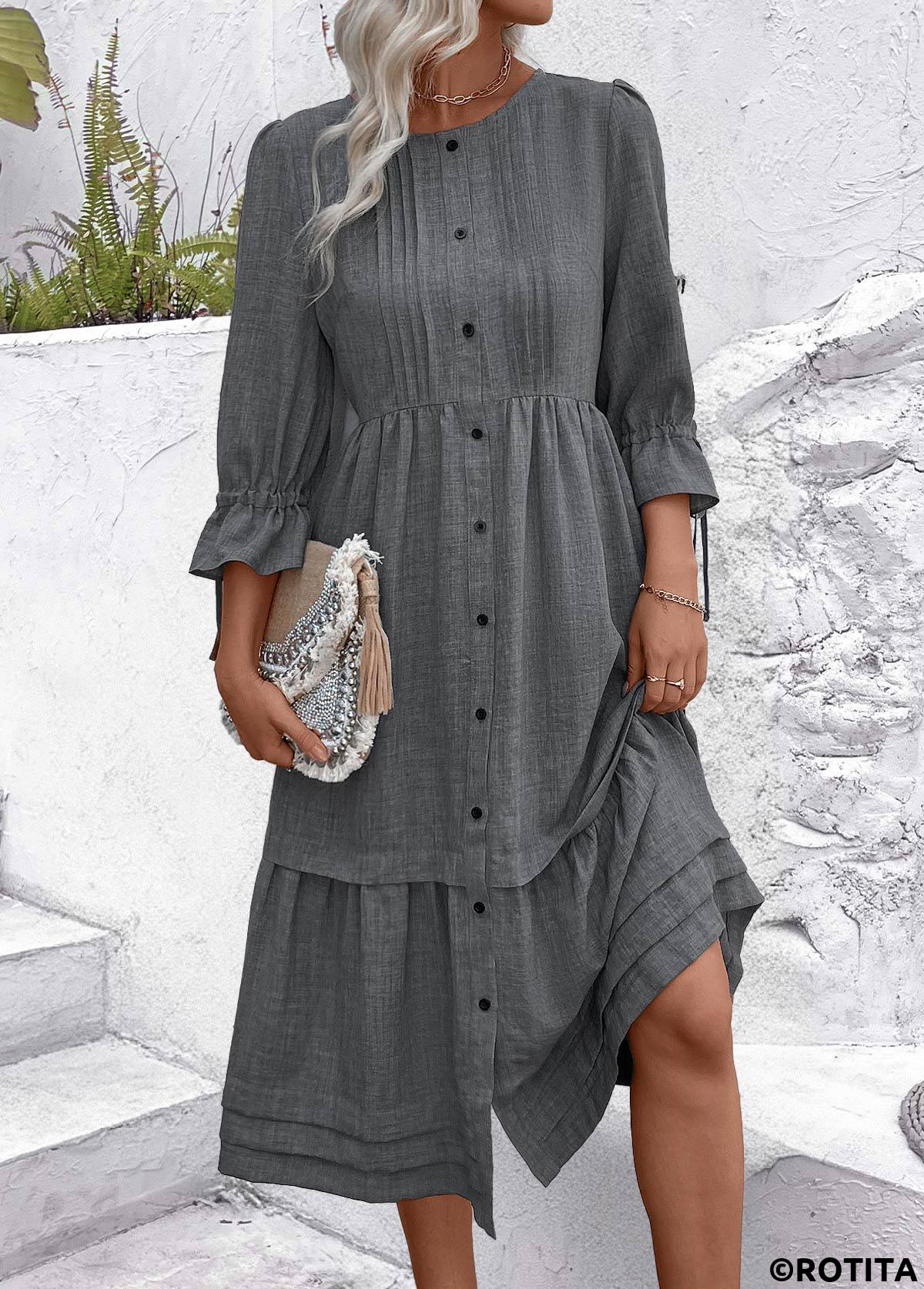 Dark Grey Marl dresses,Plain Color dresses,Everyday dresses,Casual dresses,ROTITA Button Dark Grey Marl A Line Round Neck Dress